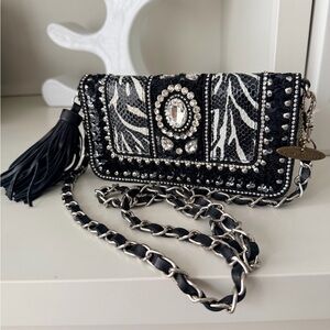 Vintage Y2K MARY FRANCES Zebra Print Sequin Crystal Embellished Clutch Purse Bag